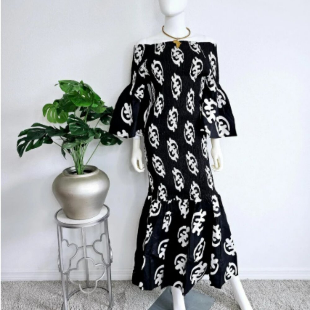 Smocked Off Shoulder Mermaid Dress: Wax Cotton Ruffle Sleeve with Headwrap